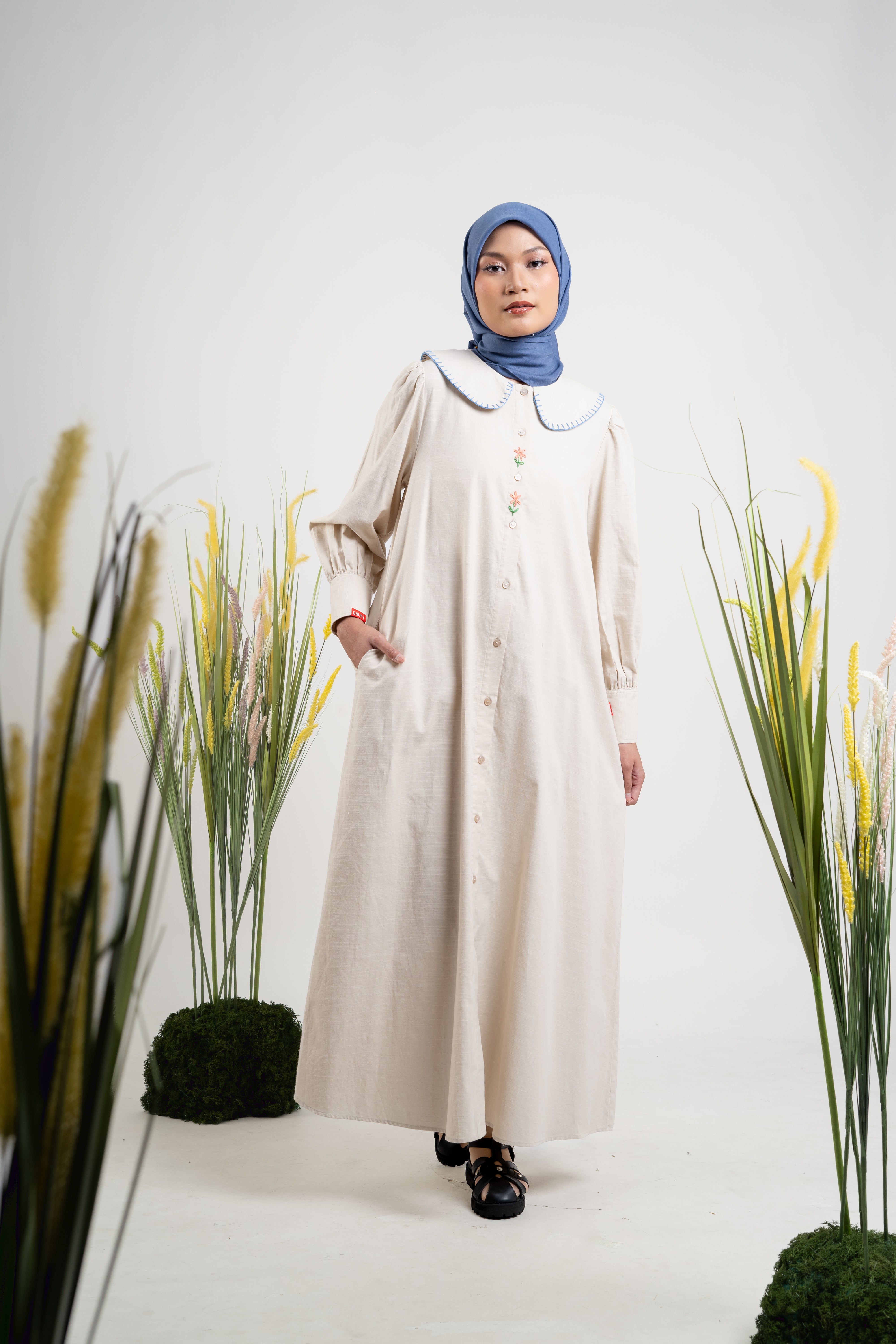 L DRESS LINEN STITCH - BEIGE