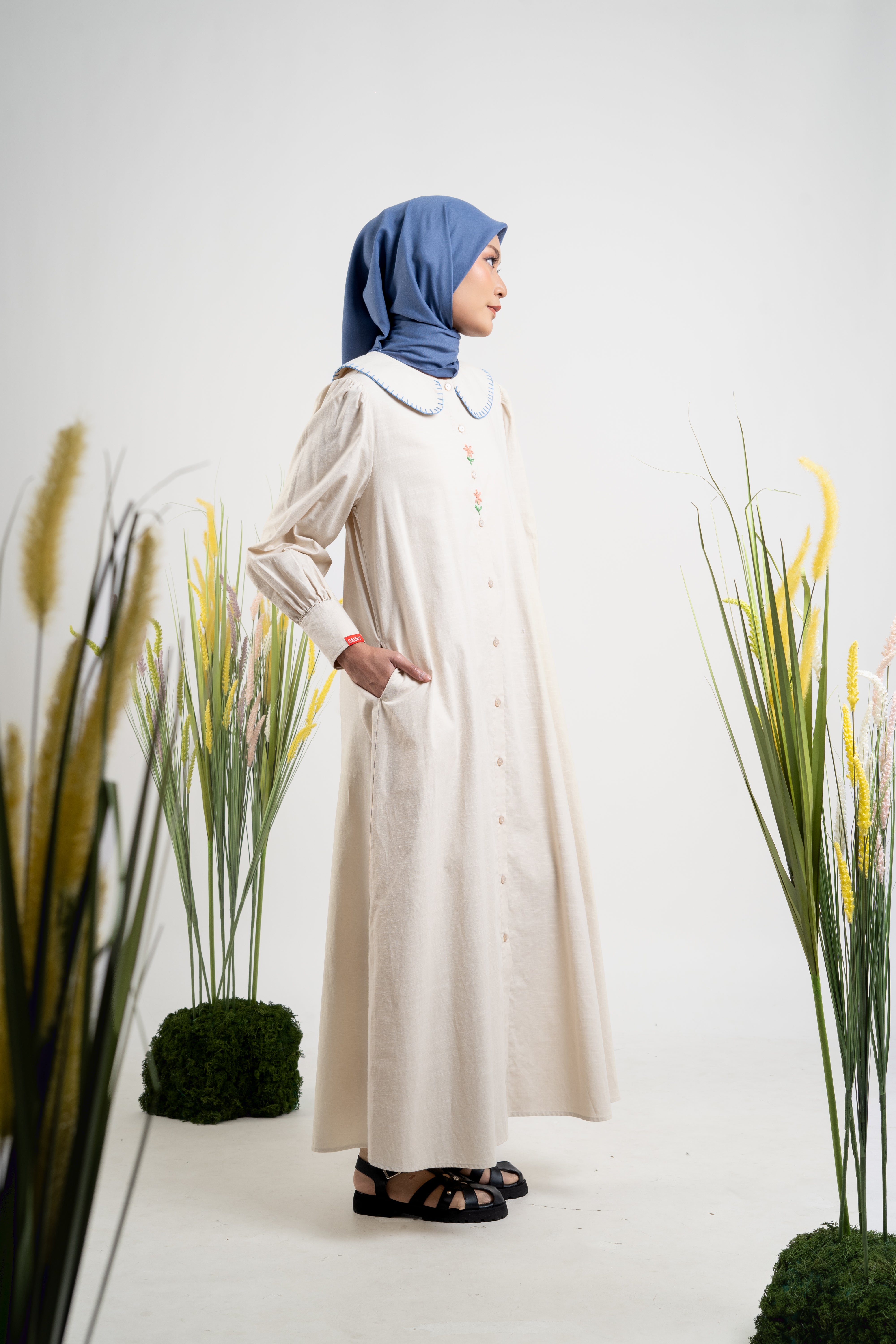 L DRESS LINEN STITCH - BEIGE