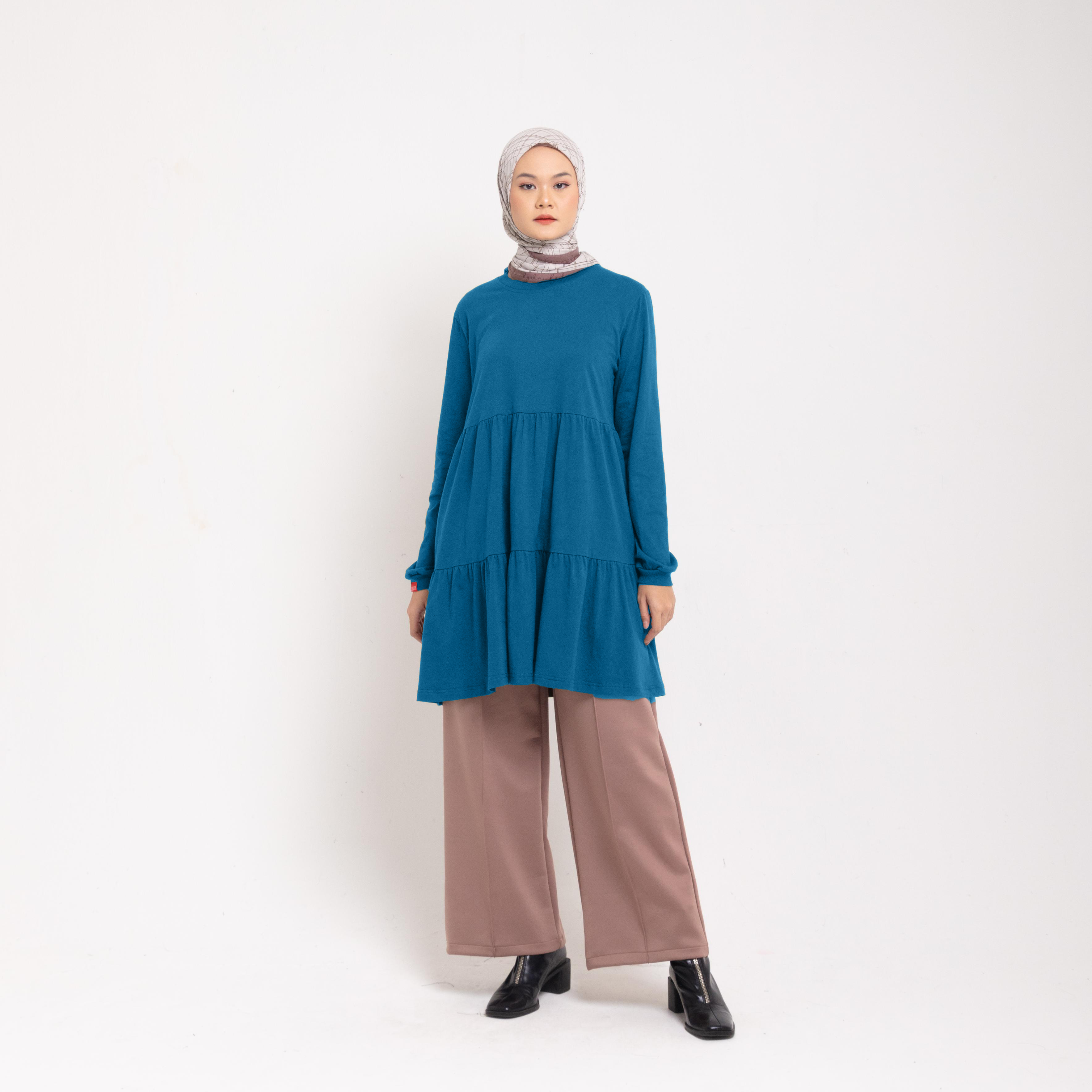 Dauky Atasan Wanita M Tunik Combed Ruffles Button - Teal Blue