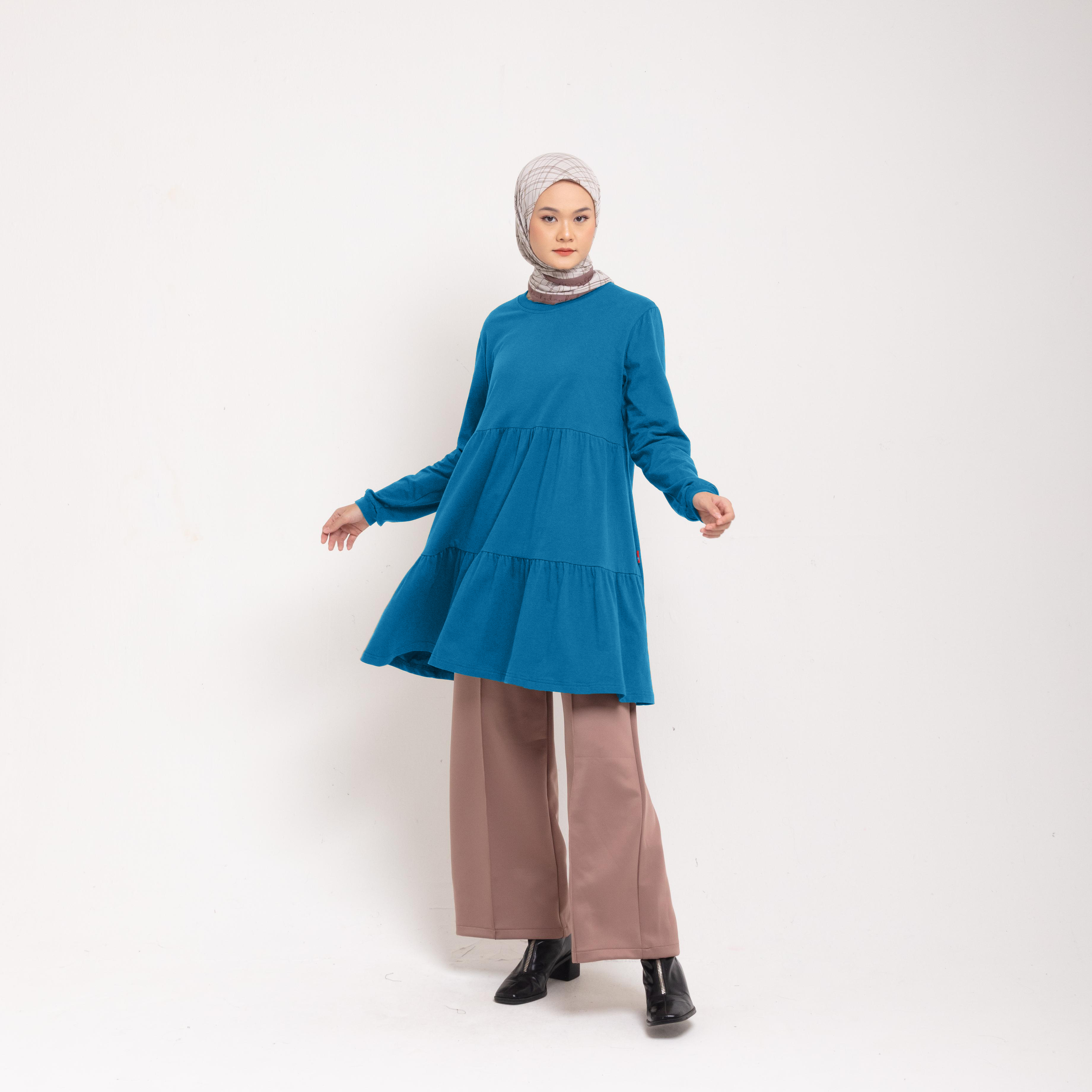 Dauky Atasan Wanita M Tunik Combed Ruffles Button - Teal Blue