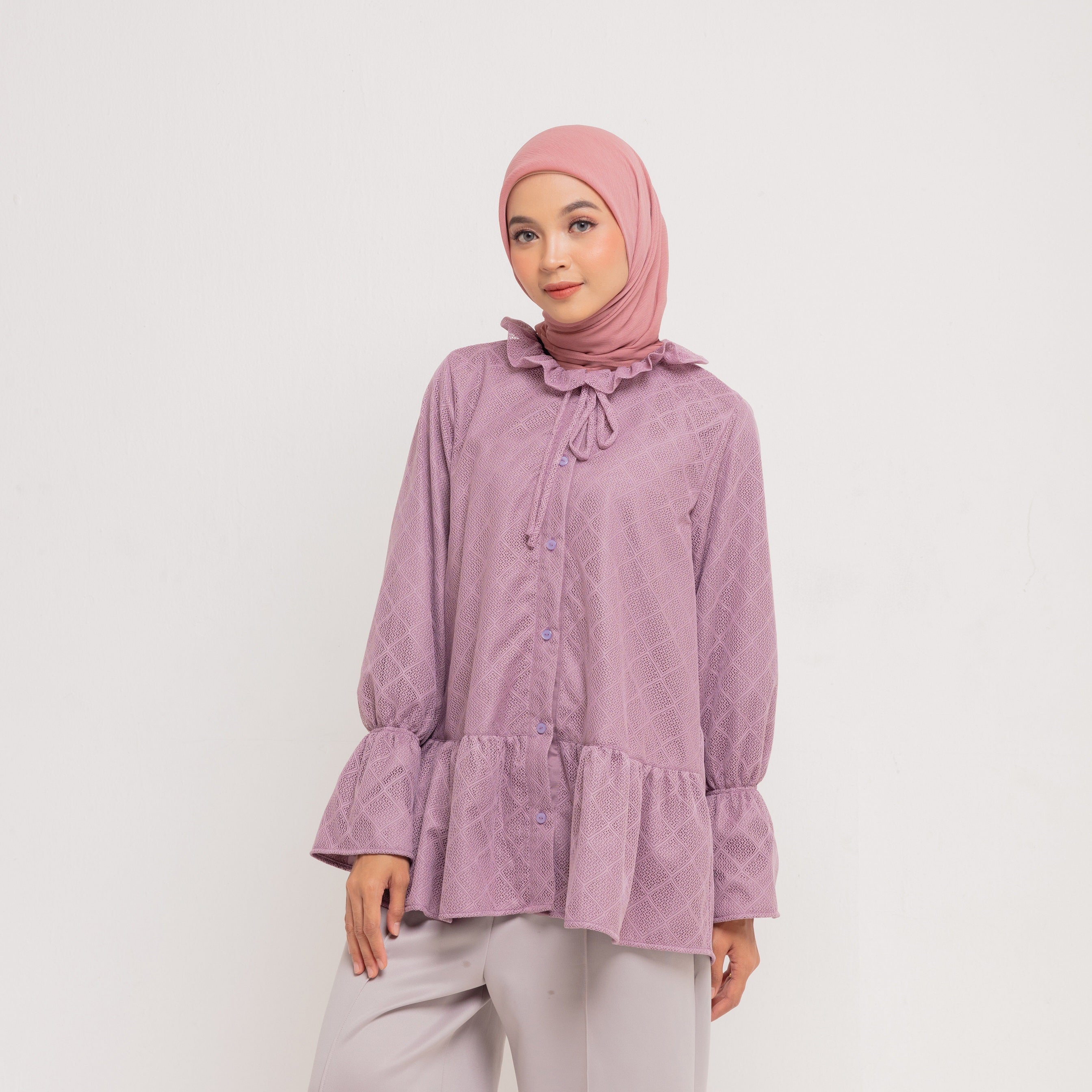 Dauky Atasan Wanita M Tunik Lace Katun Ruffless - Ungu