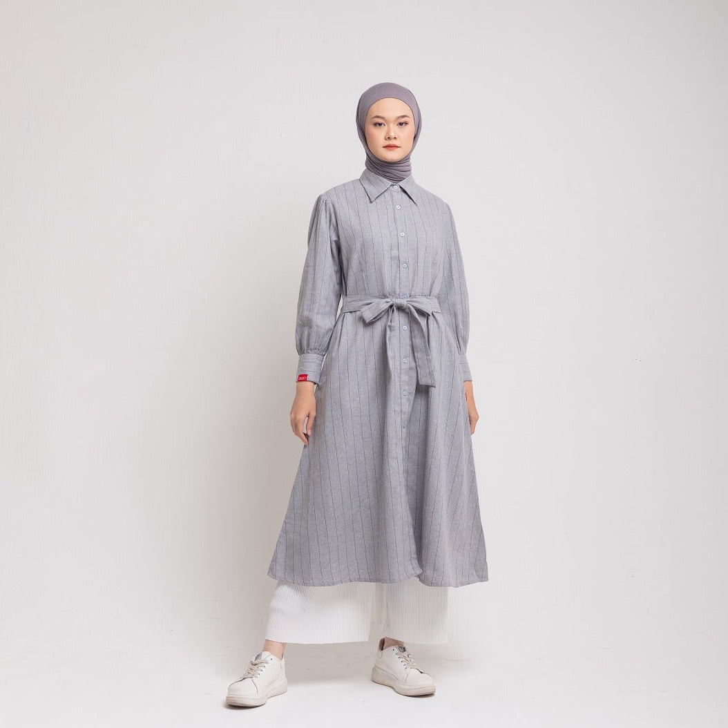 Dress Wanita Muslim Dauky M Dress Katun Stripe Smart Collection - Silvergrey