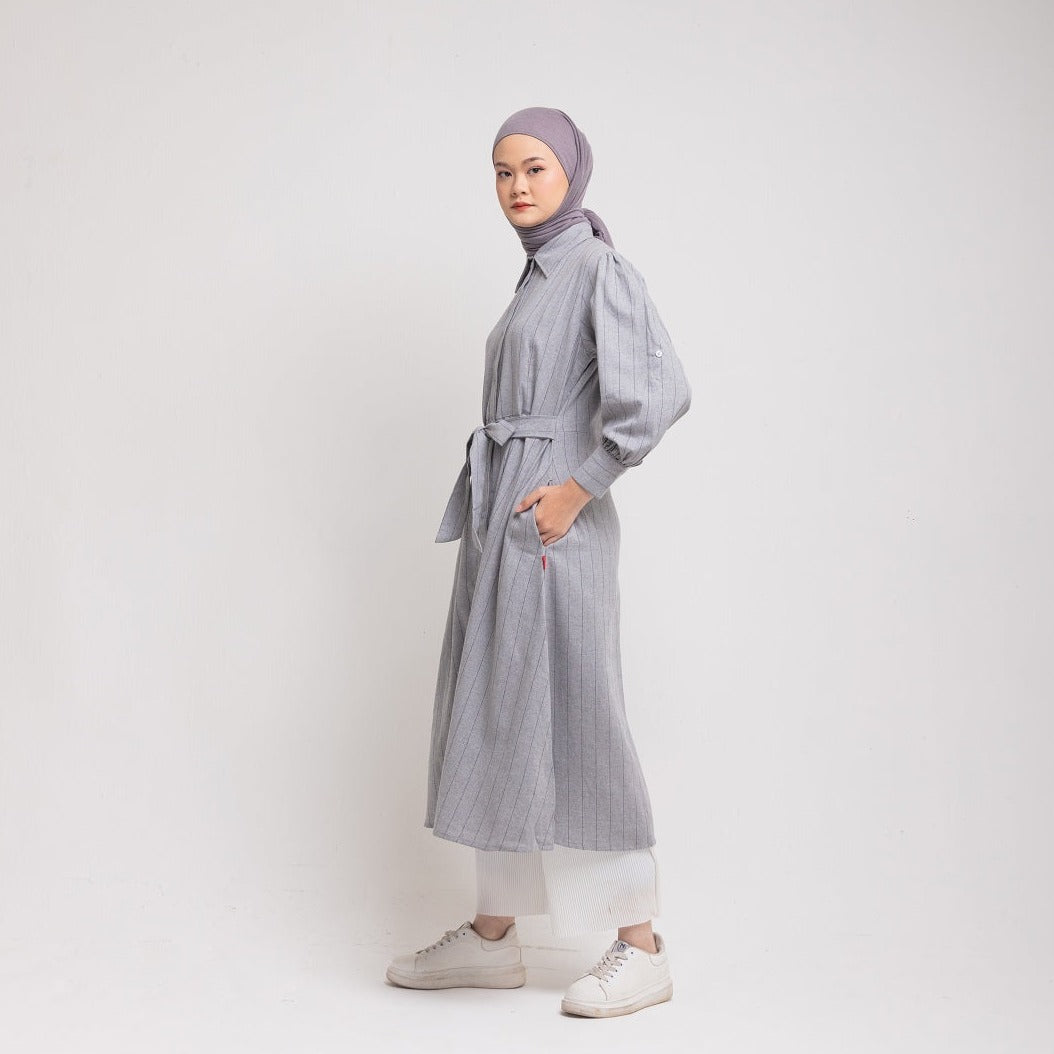 Dress Wanita Muslim Dauky M Dress Katun Stripe Smart Collection - Silvergrey