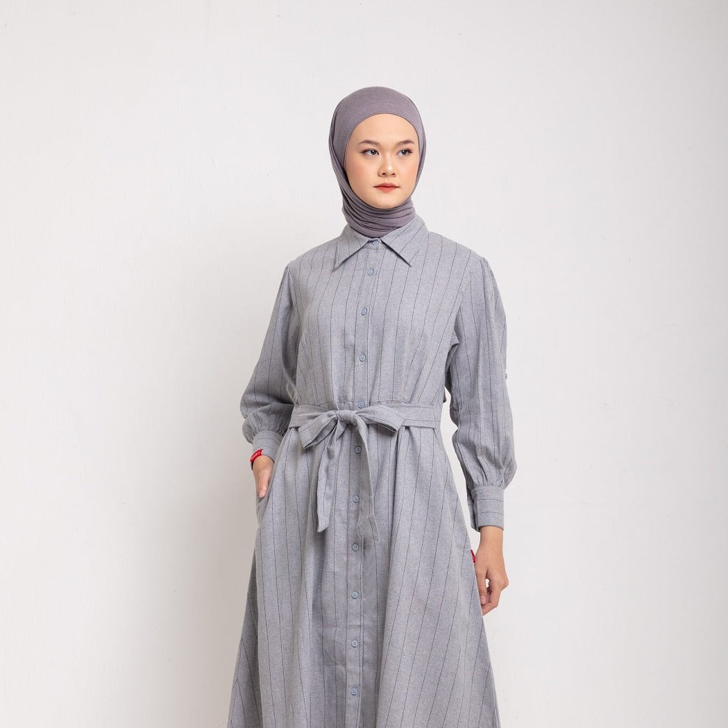 Dress Wanita Muslim Dauky M Dress Katun Stripe Smart Collection - Silvergrey