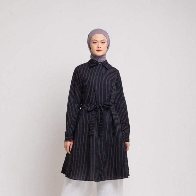 Dauky Atasan Wanita L Tunik Katun Stripe Belt Smart Collection - Hitam