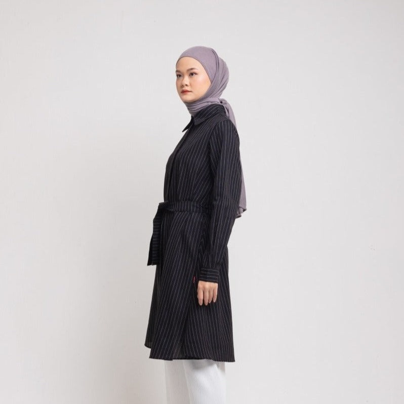 Dauky Atasan Wanita L Tunik Katun Stripe Belt Smart Collection - Hitam