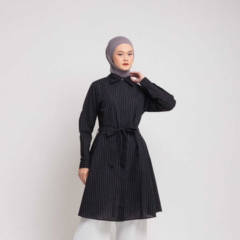 Dauky Atasan Wanita L Tunik Katun Stripe Belt Smart Collection - Hitam