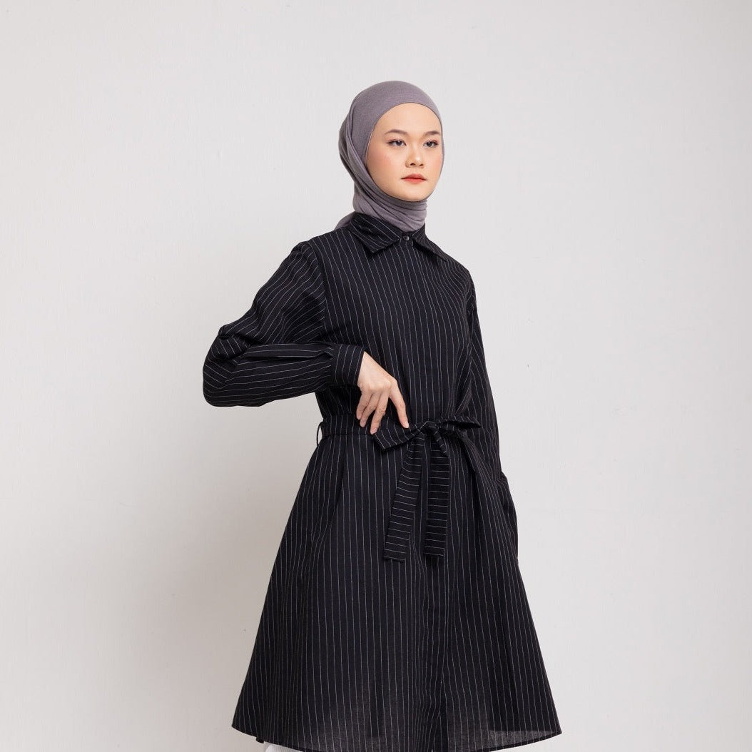 Dauky Atasan Wanita L Tunik Katun Stripe Belt Smart Collection - Hitam