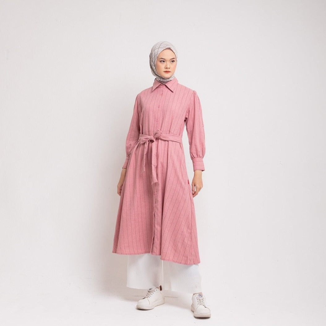 Dress Wanita Muslim Dauky M Dress Katun Stripe Smart Tunic Collection - Dusty Pink