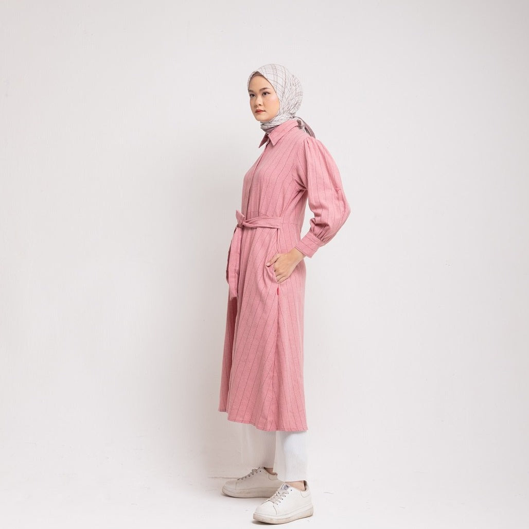 Dress Wanita Muslim Dauky M Dress Katun Stripe Smart Tunic Collection - Dusty Pink