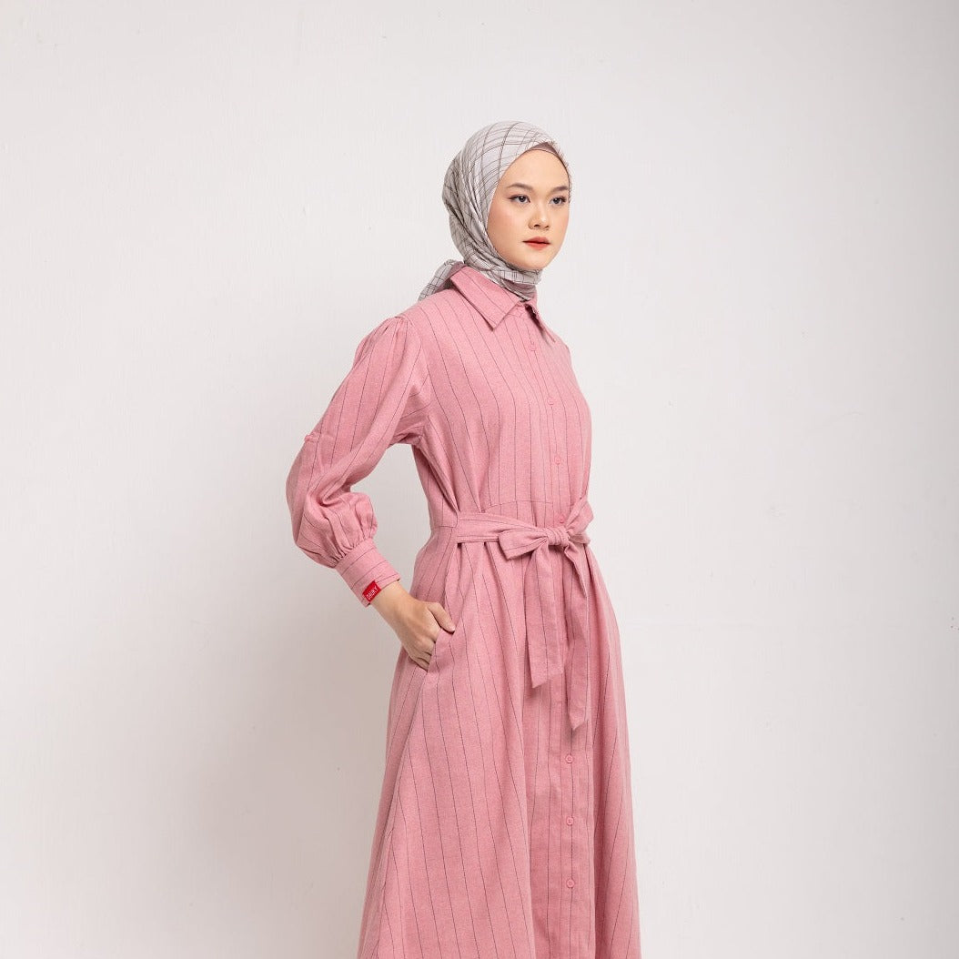 Dress Wanita Muslim Dauky M Dress Katun Stripe Smart Tunic Collection - Dusty Pink