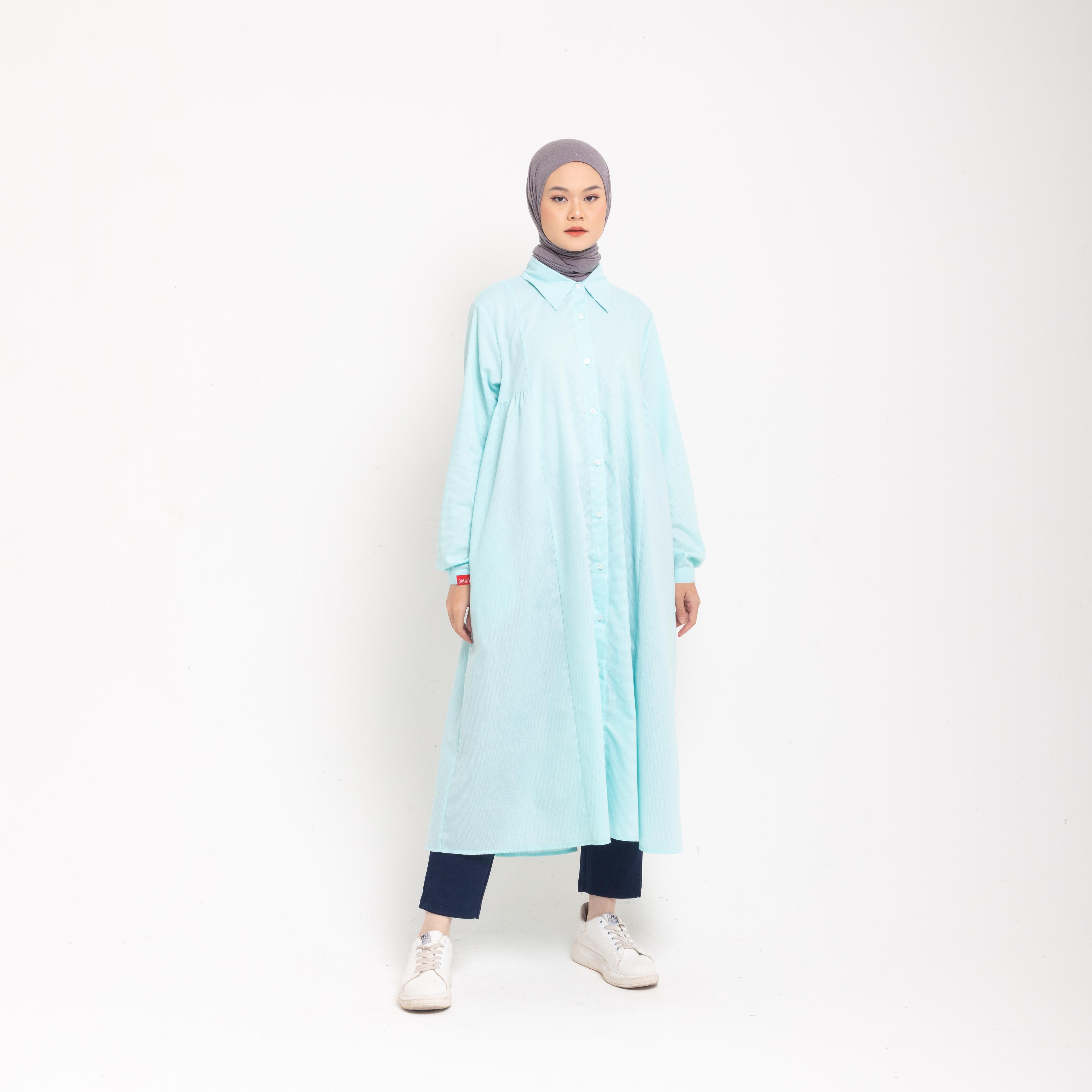 Dress Wanita Muslim Dauky M Dress Katun Houndstooth Executive Collection- Dusty Blue