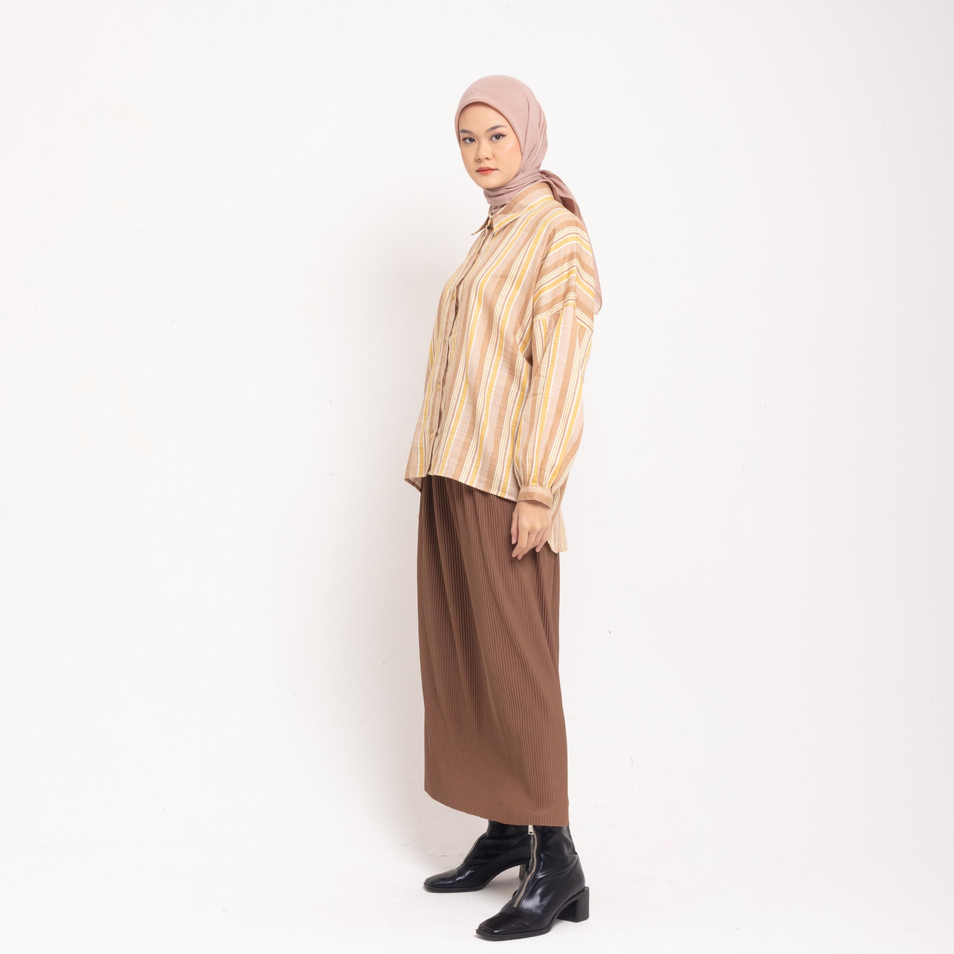 M Tunik Stripe Baloon Sleeve - Coklat