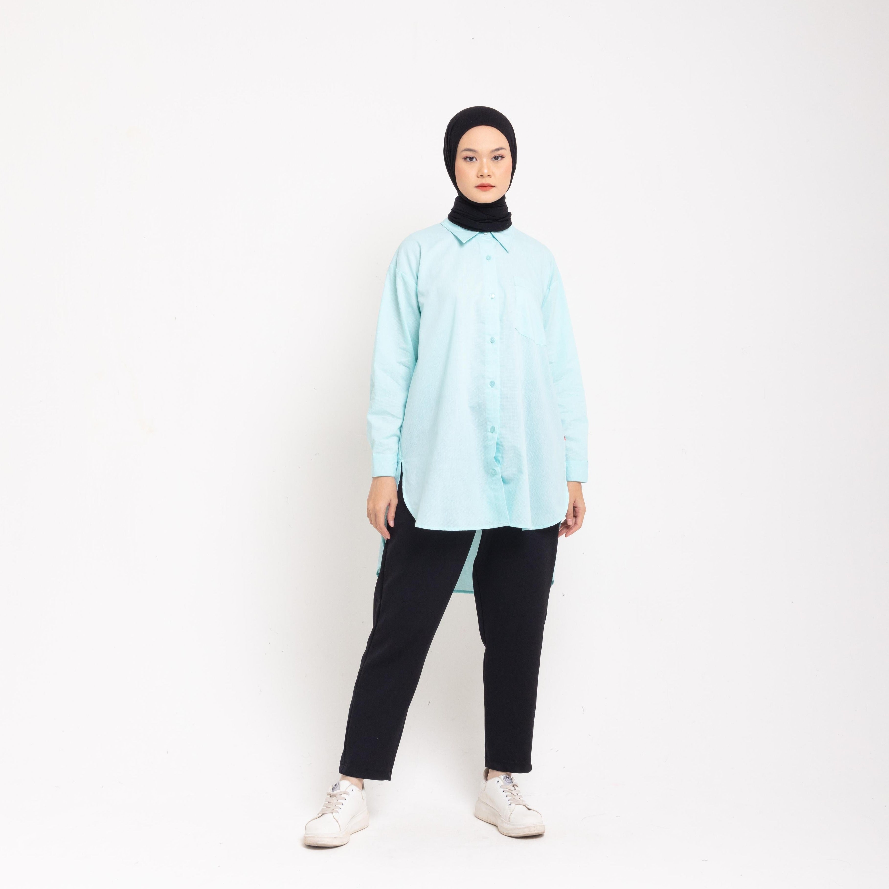 Dauky Atasan Wanita M Tunik Oversize Katun Houndstooth Executive Collection- Dusty Blue