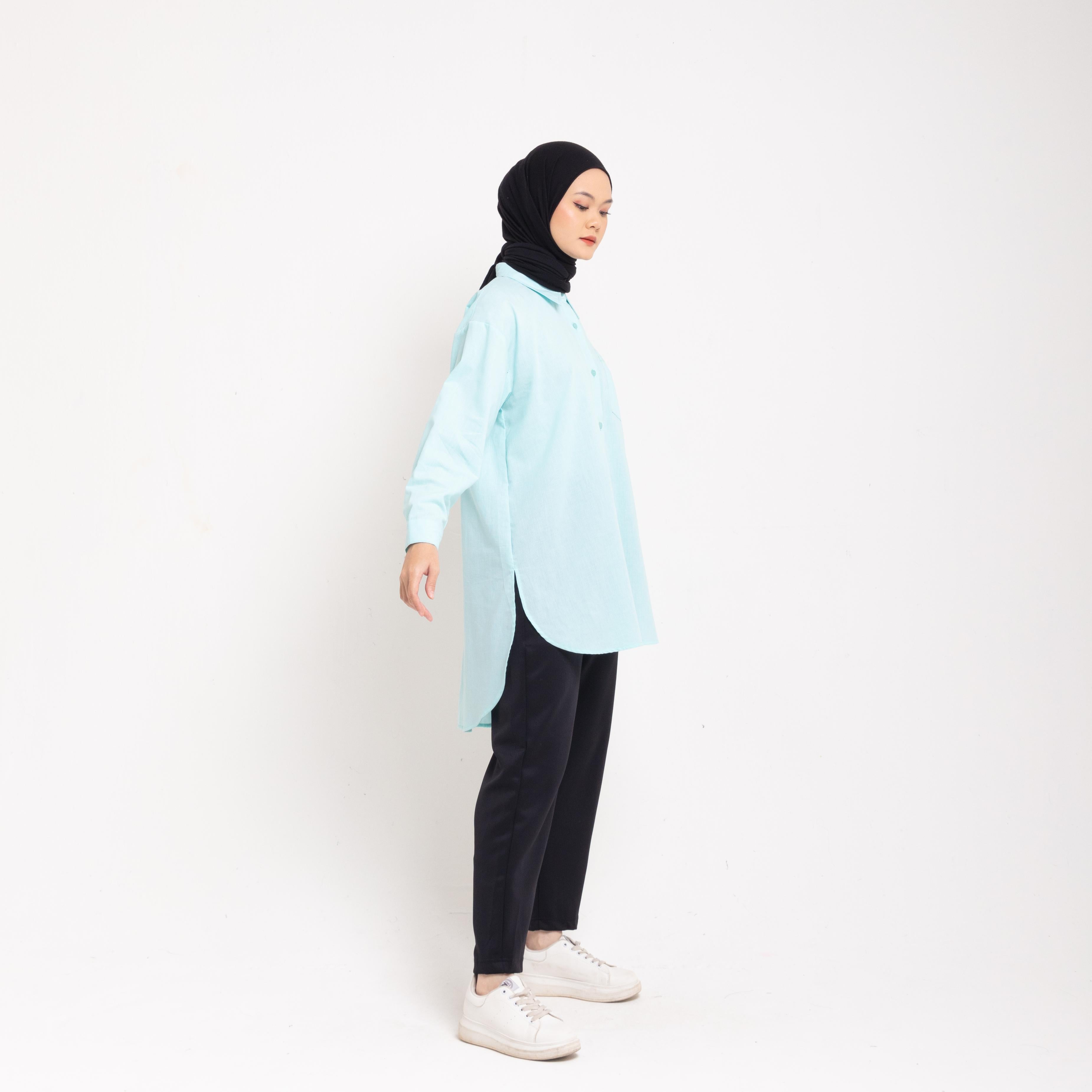 Dauky Atasan Wanita M Tunik Oversize Katun Houndstooth Executive Collection- Dusty Blue