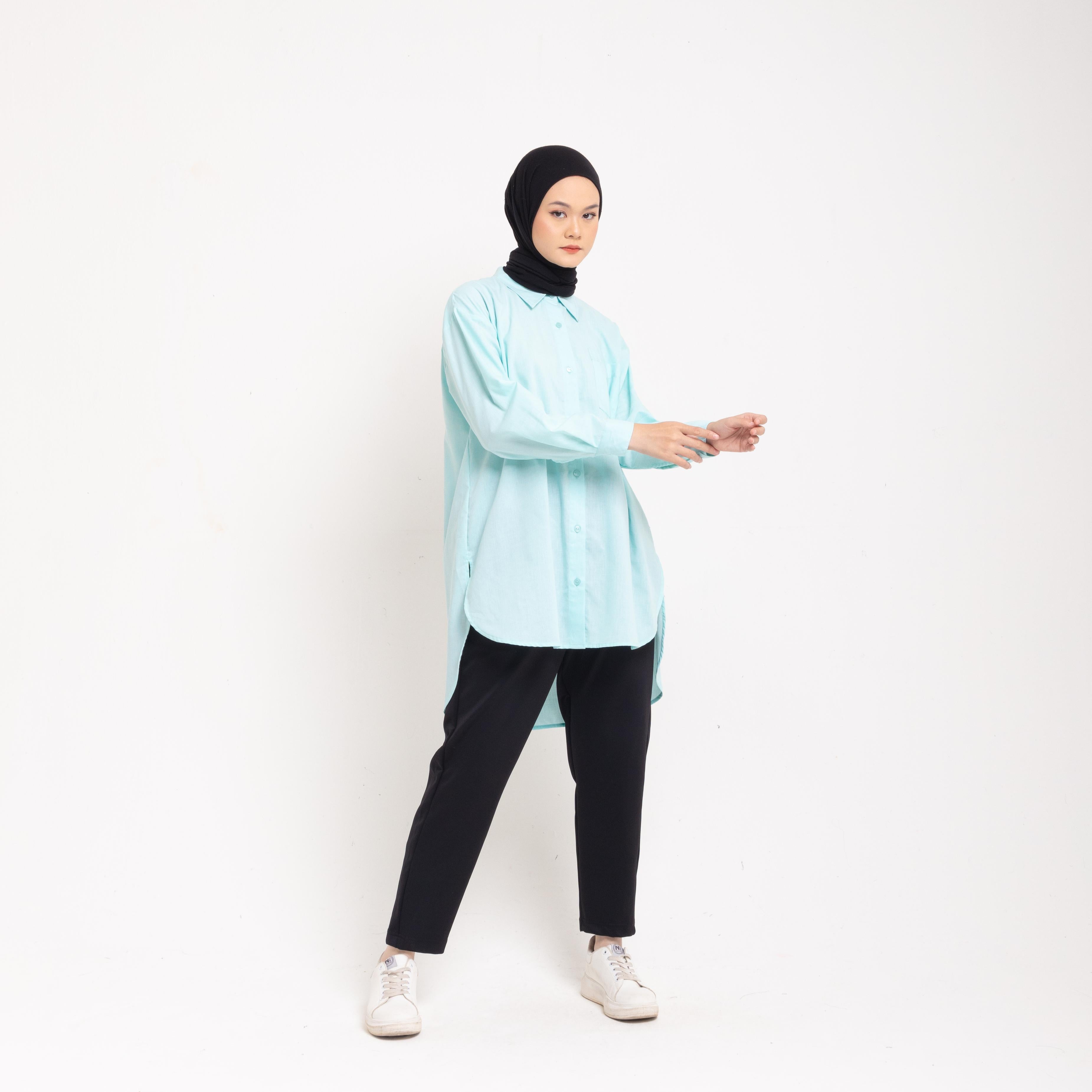 Dauky Atasan Wanita M Tunik Oversize Katun Houndstooth Executive Collection- Dusty Blue
