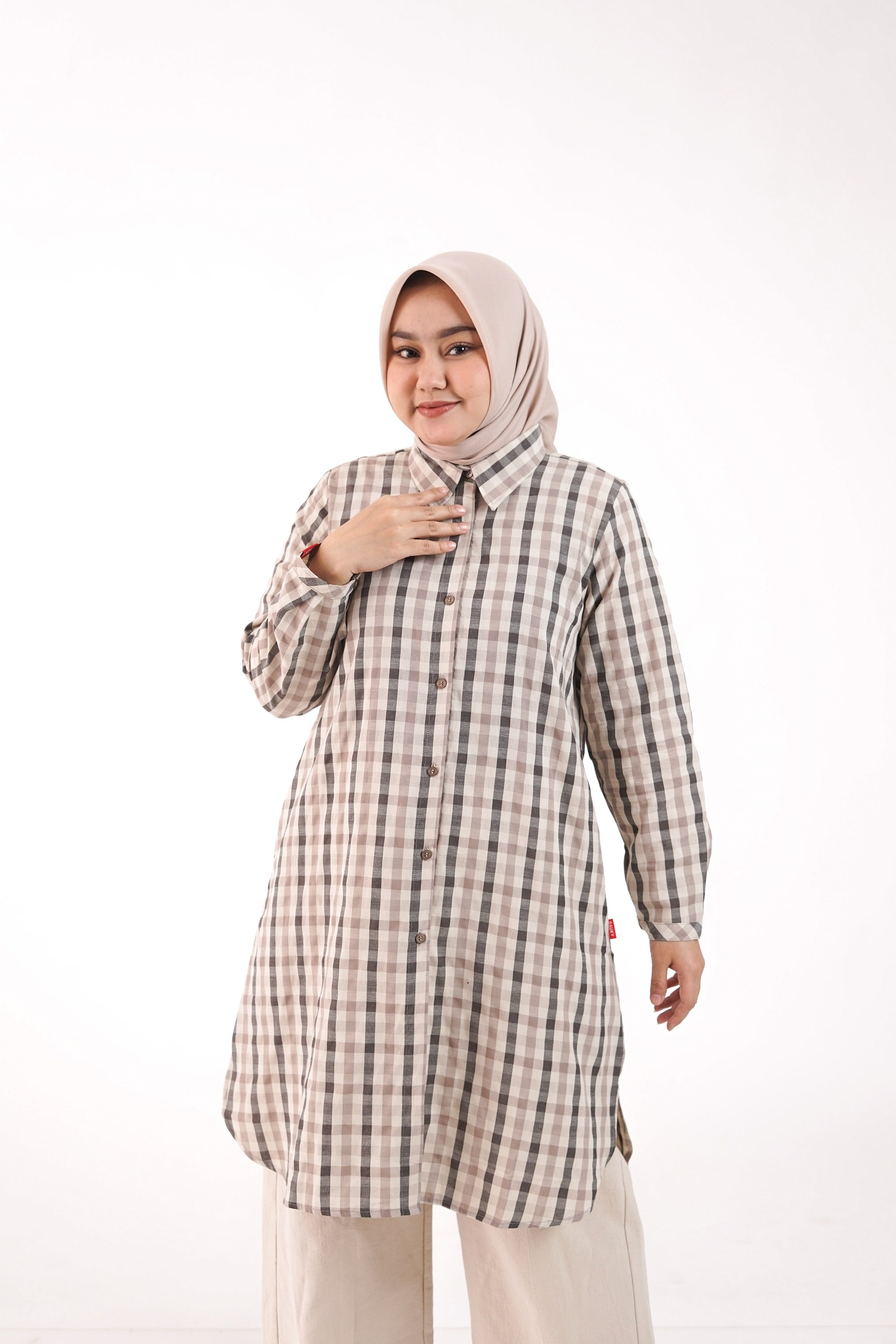 Tunik Atasan Wanita Dauky L Tunic basic Gingham - Coklat