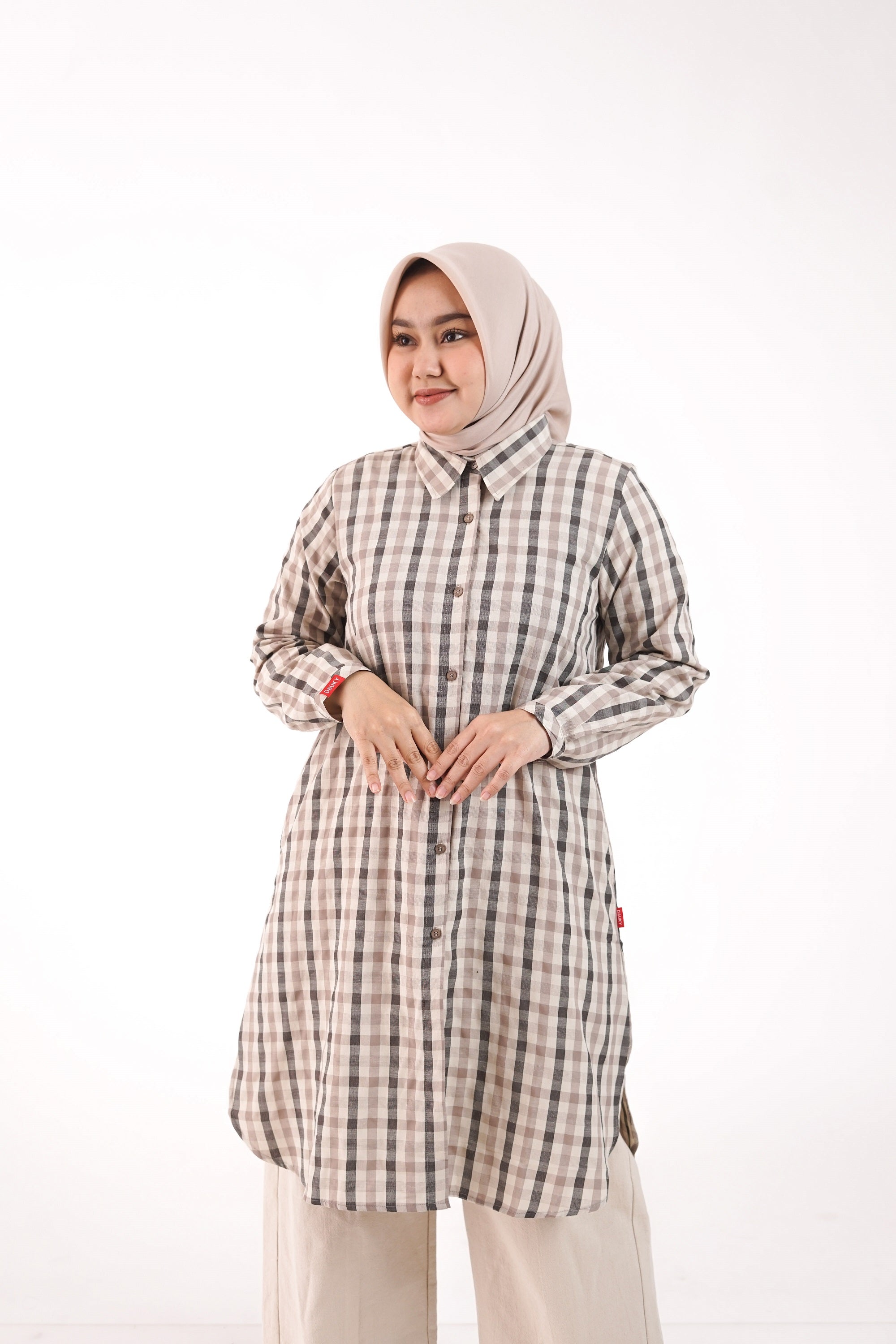 Tunik Atasan Wanita Dauky L Tunic basic Gingham - Coklat
