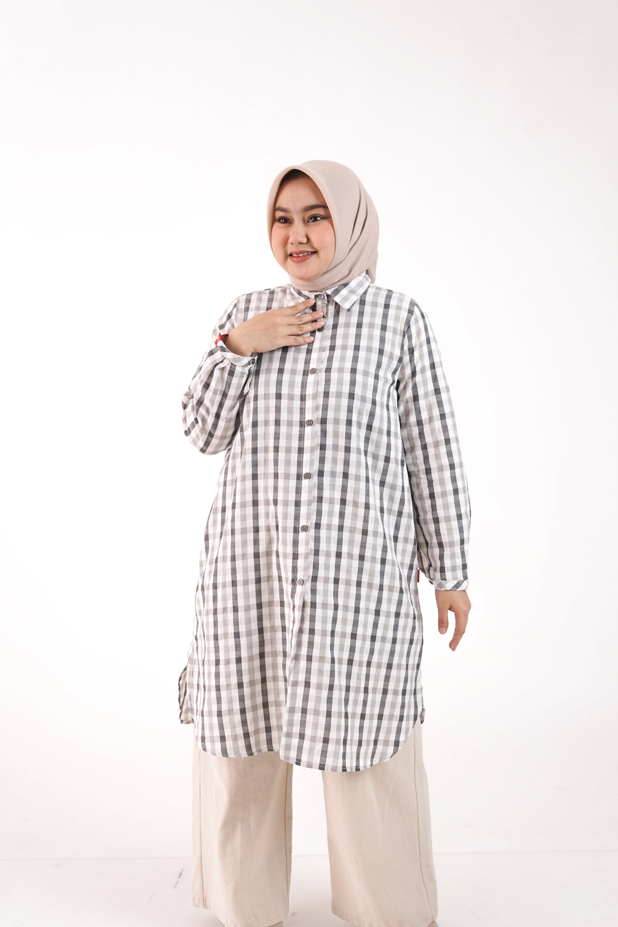 Tunik Atasan Wanita Dauky L Tunic basic Gingham - Silvergrey