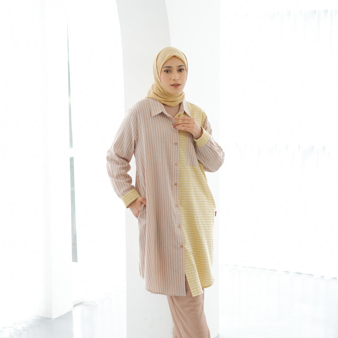 Tunik Atasan Wanita Dauky L Tunic Two Tone Stripe Smart Tunic Collection - Coklat