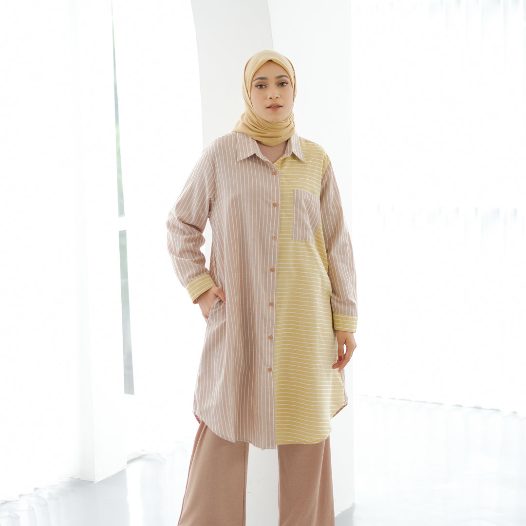 Tunik Atasan Wanita Dauky L Tunic Two Tone Stripe Smart Tunic Collection - Coklat