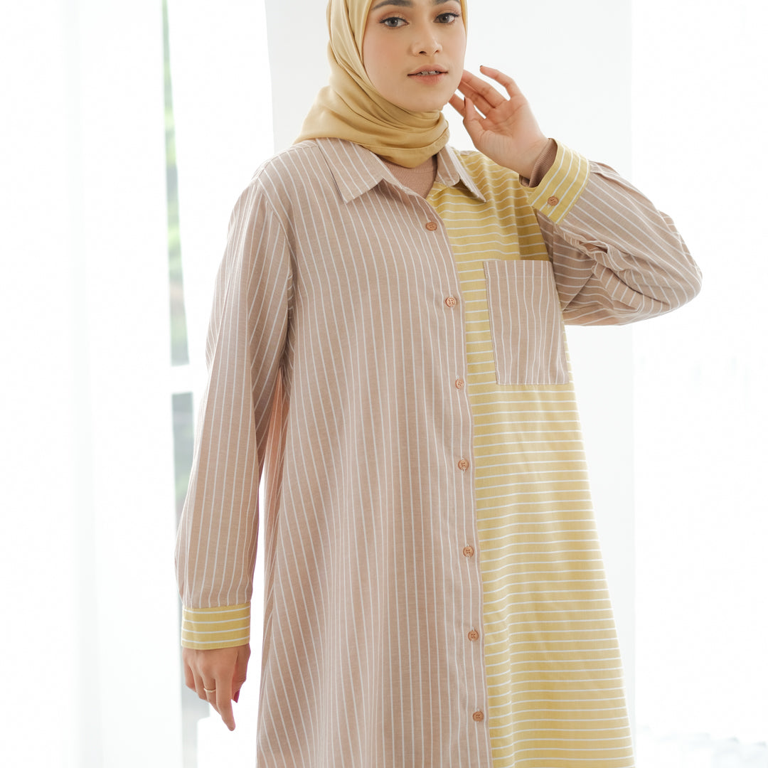 Tunik Atasan Wanita Dauky L Tunic Two Tone Stripe Smart Tunic Collection - Coklat