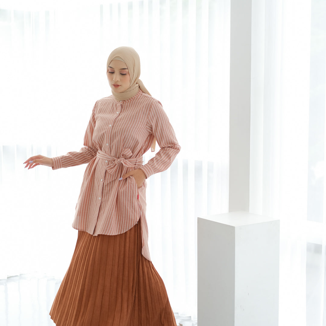 Dauky Atasan Wanita M Tunik Stripe Belt Smart Tunic Collection - Coklat