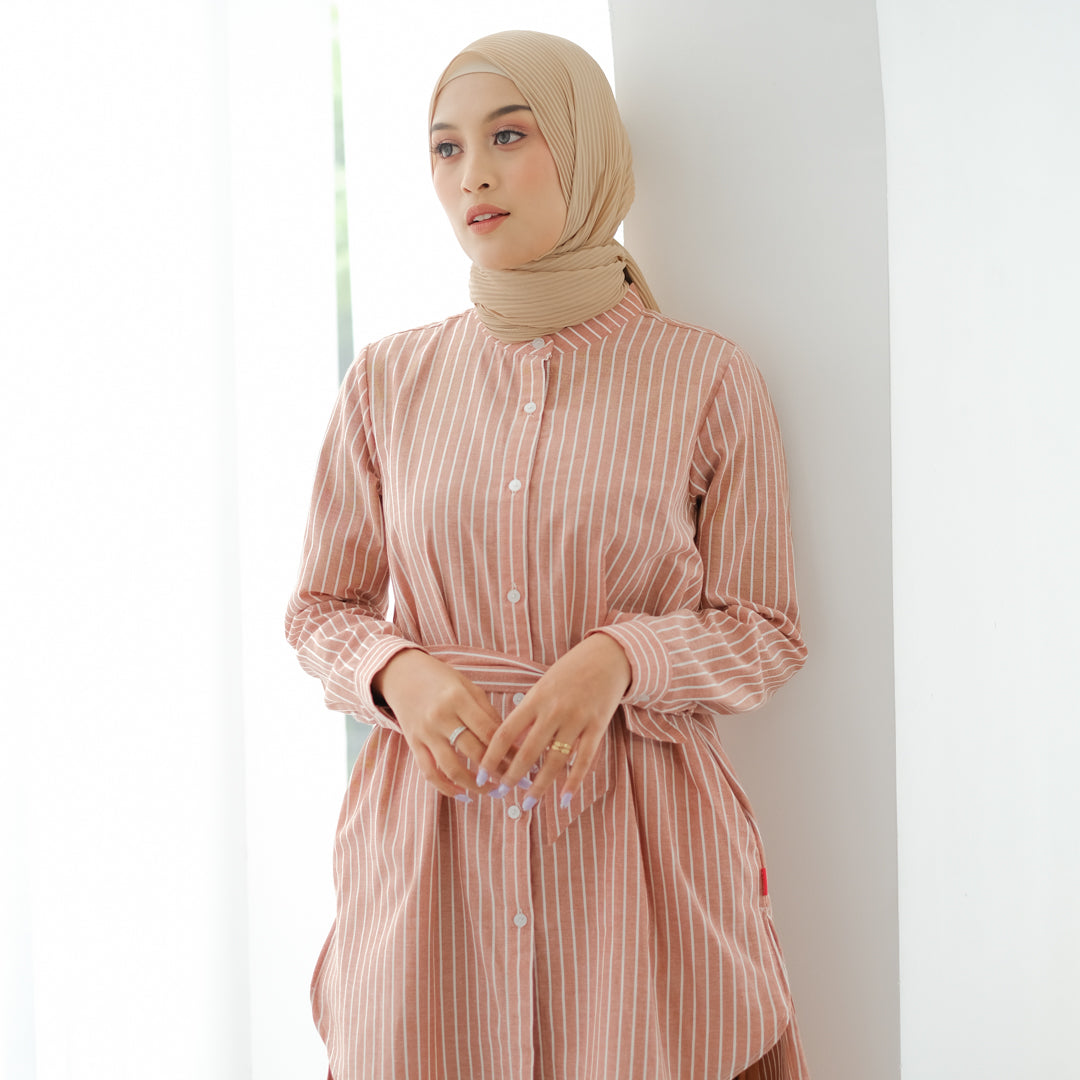 Dauky Atasan Wanita M Tunik Stripe Belt Smart Tunic Collection - Coklat