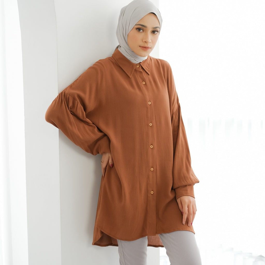Dauky - Atasan Wanita M Tunik Dropshoulder Rayon Crinckle - Coklat