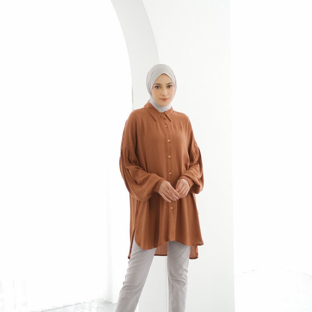 Dauky - Atasan Wanita M Tunik Dropshoulder Rayon Crinckle - Coklat