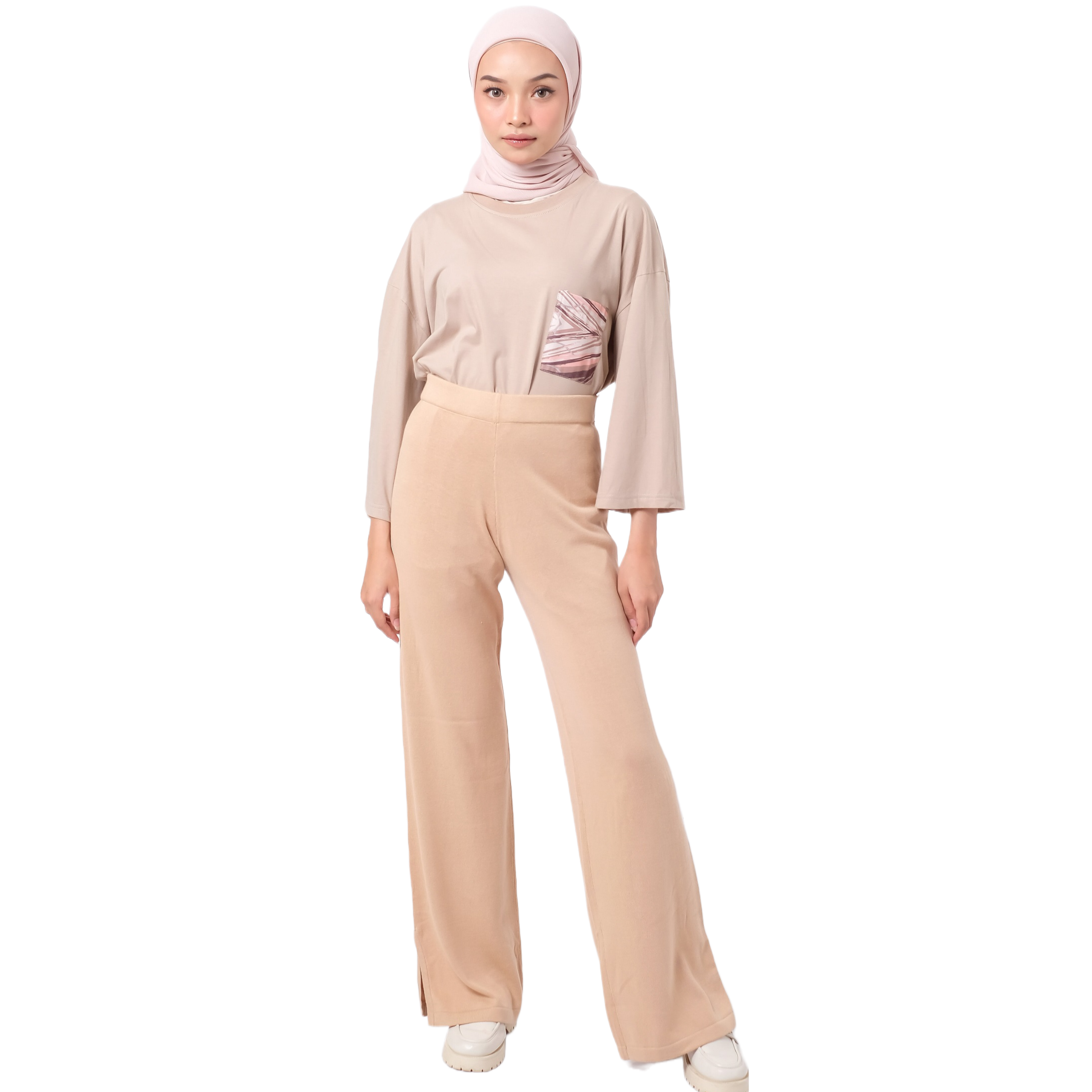 Dauky Celana Panjang Palazo Knit Cotton Rainbow Series Tokyo Collection  - Nude