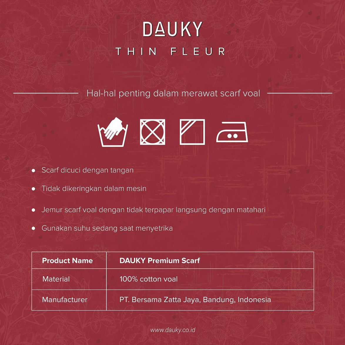 Jilbab Segiempat Dauky Thin Fleur Premium Scarf - Merah