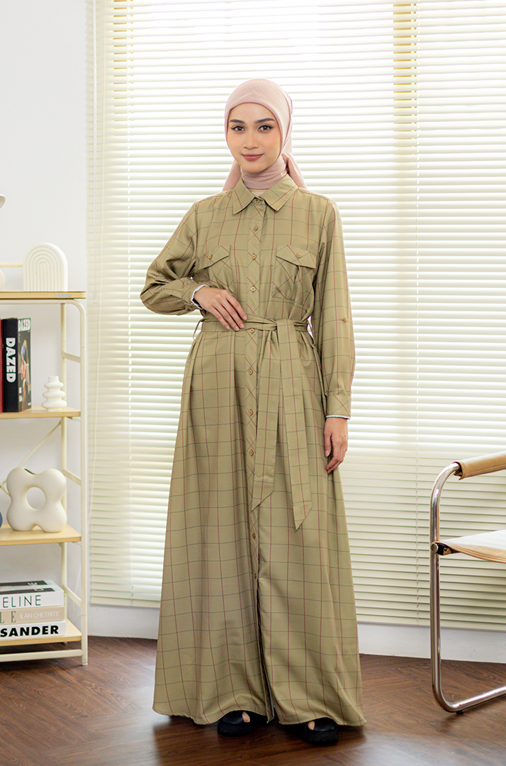 L Dress Plaid Rayon - Olive