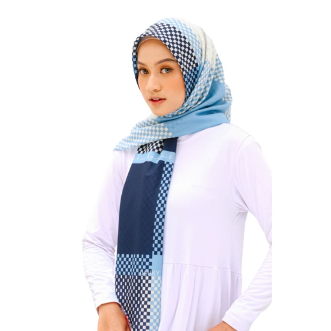 DAUKY Hijab Segiempat Kerudung Tartanian Scarf - Biru