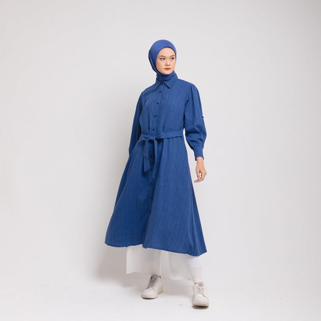 Dress Wanita Muslim Dauky M Dress Katun Stripe Smart Tunic Collection - Biru