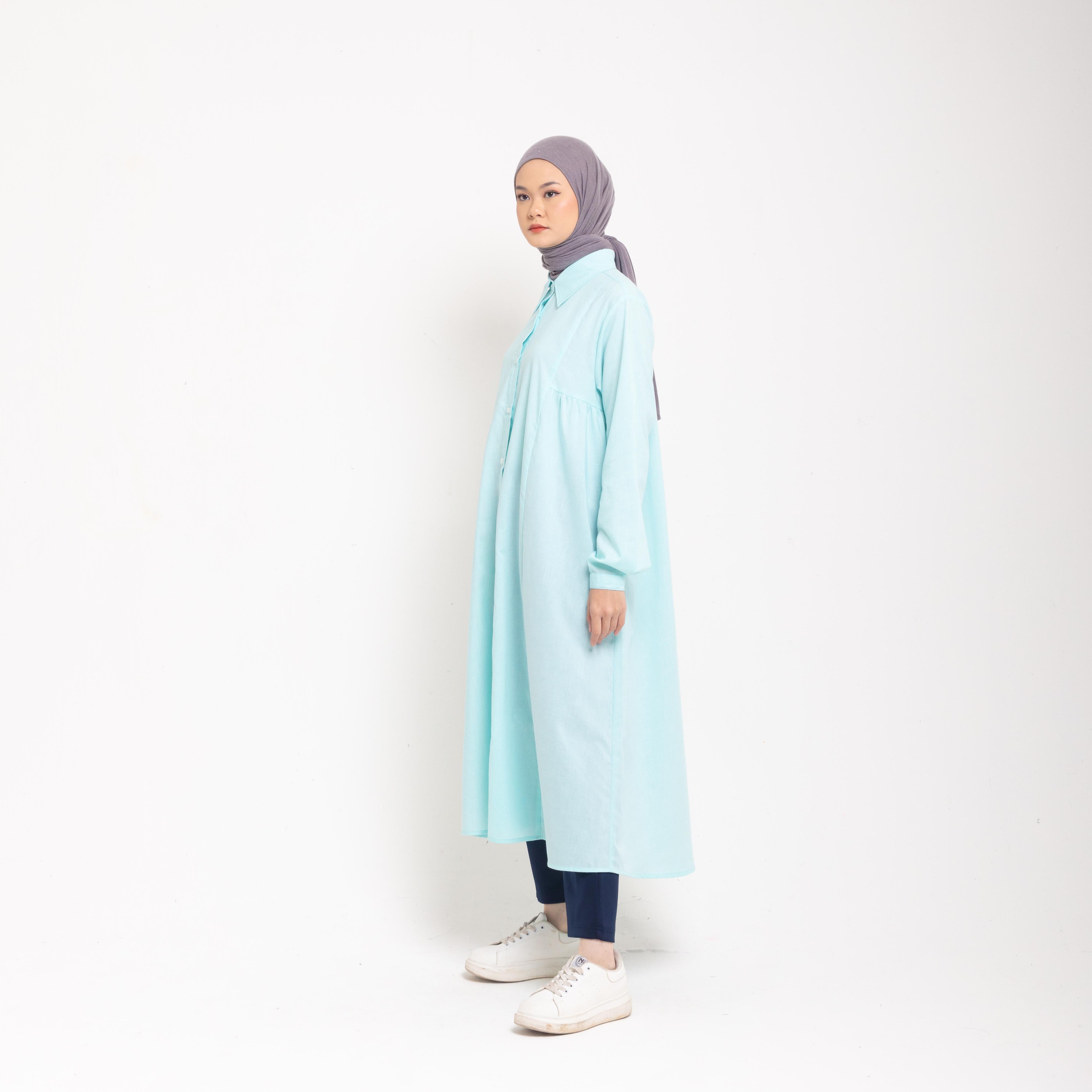 Dress Wanita Muslim Dauky M Dress Katun Houndstooth Executive Collection- Dusty Blue