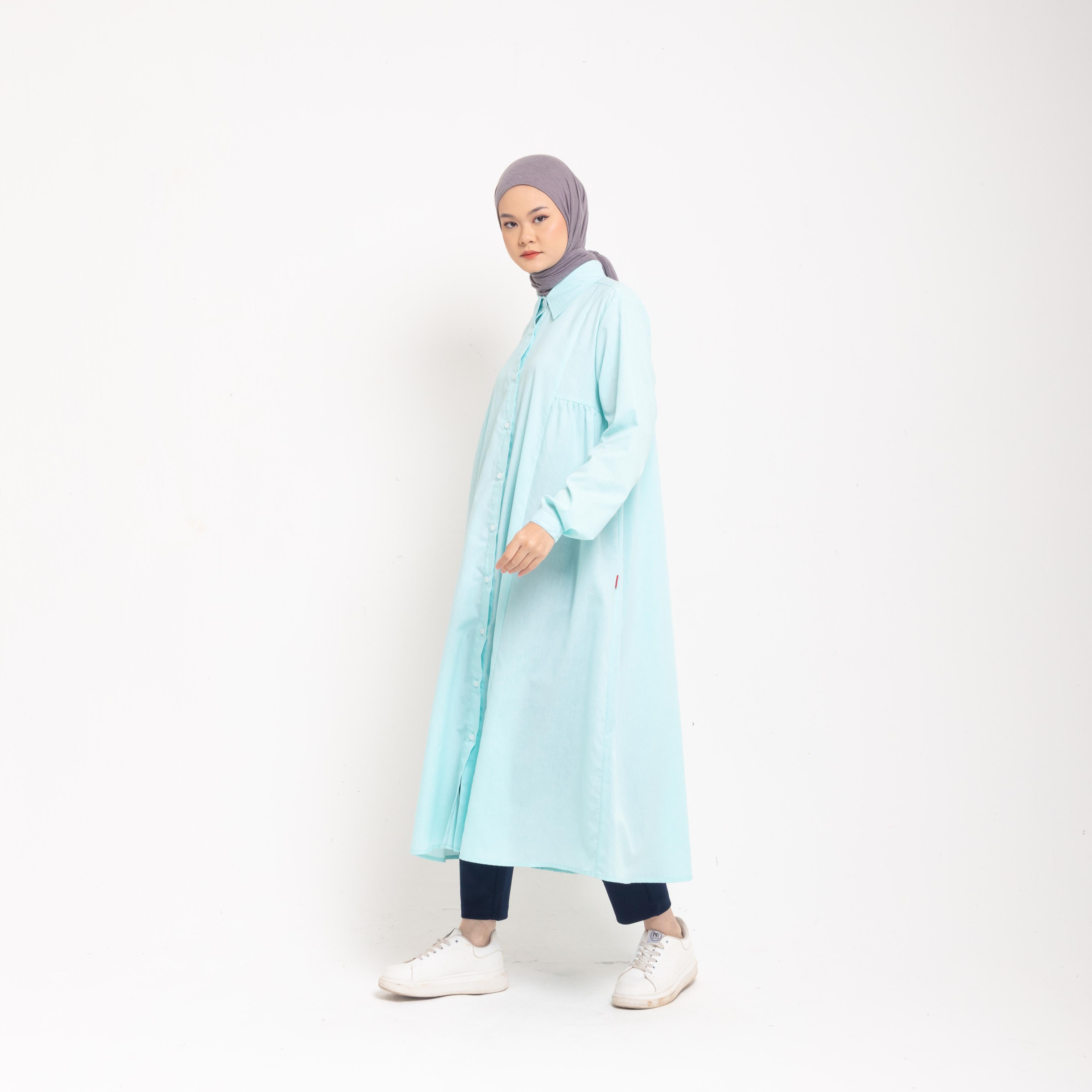 Dress Wanita Muslim Dauky M Dress Katun Houndstooth Executive Collection- Dusty Blue