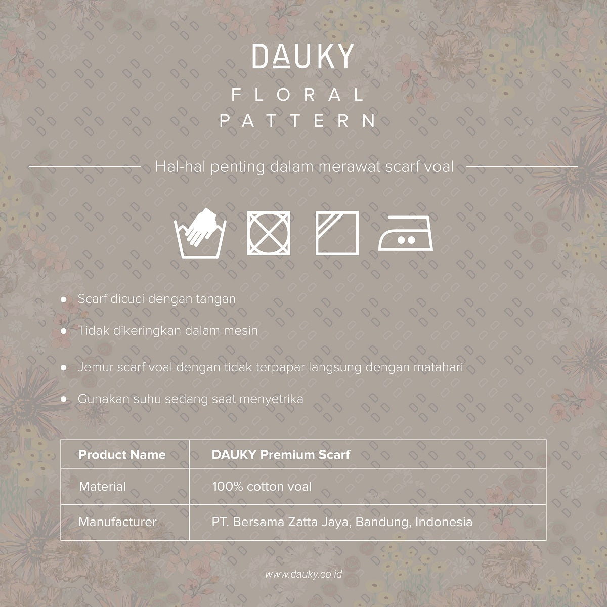 Jilbab Segiempat Dauky Floral Pattern Premium Scarf - Grey